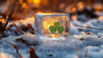 A four leaf clover is sitting on an ice cube photo