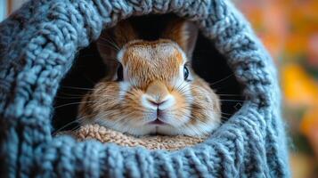 A rabbit is sitting in a knitted blanket photo