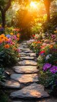 Stone path in a garden with colorful flowers photo