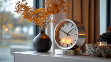 A clock and vase on a table near a window photo