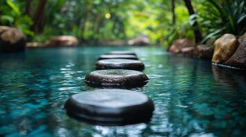 Tranquil stepping stones in a serene green garden waterway creating a calm natural escape photo