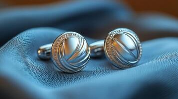 A pair of cufflinks with a silver design photo