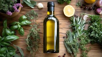 An olive oil bottle surrounded by herbs and spices photo