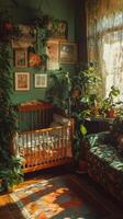 A room with a crib, a couch, and plants photo