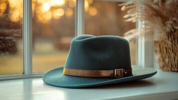 A hat sits on a window sill photo