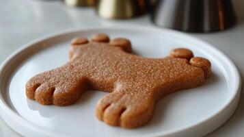 A cookie shaped like a dog is on a plate photo