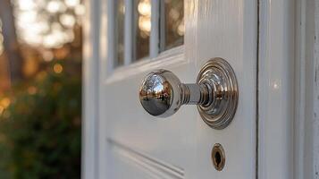 A close up of a door handle on a white door photo