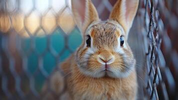 A rabbit is looking through a chain link fence photo