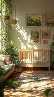 A room with a crib, a bed, and a window photo