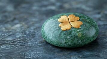 A green stone with a gold clover on top photo