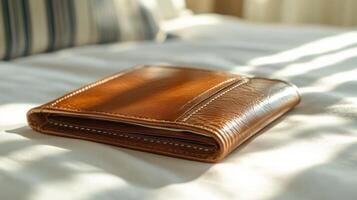 A leather wallet sitting on a bed photo