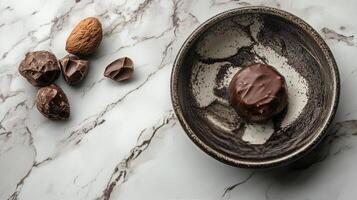 Chocolate covered almonds on marble table photo
