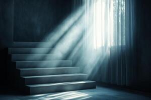 A dark room with stairs leading to a window photo