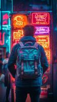 A man with a backpack standing in front of neon signs photo