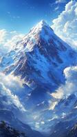 An anime style mountain with clouds and snow photo
