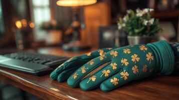 A green glove with gold clover leaves on it photo
