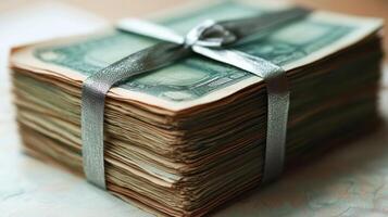 A stack of money wrapped in a silver ribbon photo