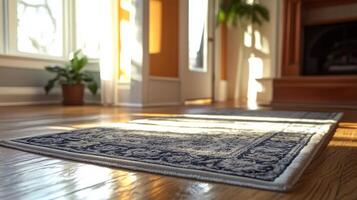 A rug on the floor in front of a fireplace photo
