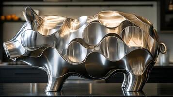 A stainless steel pig sculpture on a counter photo