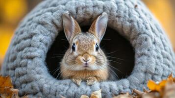 A small rabbit is sitting in a cozy house photo