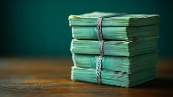 Stack of green money on wooden table photo