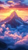A mountain is seen in the clouds at sunset photo