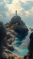 A lighthouse on a rocky island surrounded by water photo