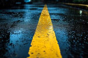 Rainy night with yellow line on wet road photo
