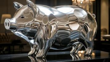 A shiny silver pig statue on a table photo