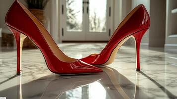 A pair of red high heels on a marble floor photo