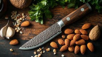 A knife and some nuts on a table photo