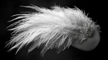 A black and white photo of a white hat with feathers