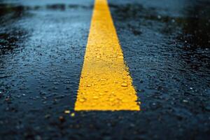 A yellow line on the wet road photo