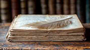 An old book with a feather on top photo