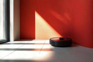 A robot vacuum cleaner sitting on a tiled floor photo