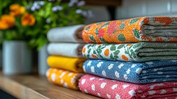 A stack of colorful towels on a wooden shelf photo