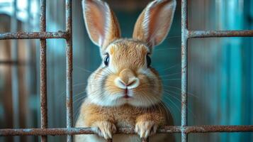 Cute fluffy rabbit looking at the camera with other rabbits in background on a sunny day at a farm photo