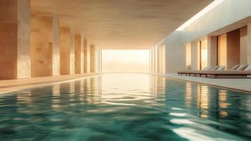 A long pool in a large building with a sun shining through photo