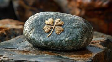 Elegant golden flower brooch resting on a smooth green stone in soft natural light photo