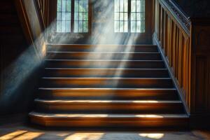 Sunlight shining through the windows of a wooden staircase photo