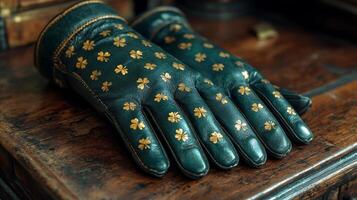A pair of green leather gloves with gold clover designs photo