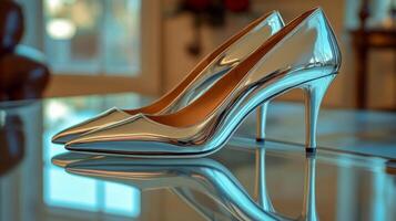 A pair of shiny high heels on a glass table photo