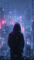 A man in a hoodie sitting on a ledge in the rain photo