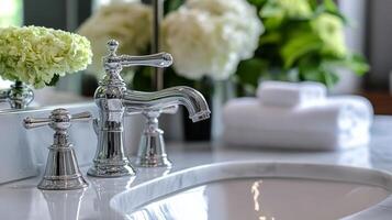 A bathroom sink with two faucets and flowers photo