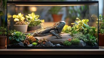 A lizard in a glass tank with plants and rocks photo