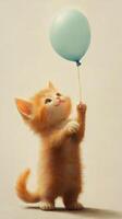 A painting of a kitten holding a blue balloon photo