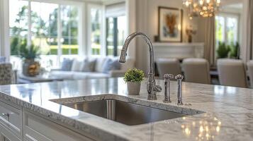 A kitchen with a marble counter top and sink photo