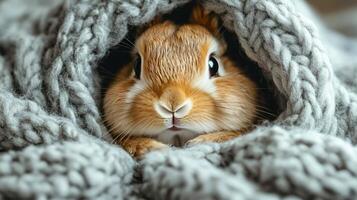 A small rabbit is hiding under a blanket photo