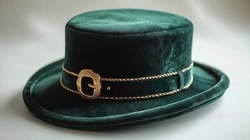A green velvet top hat with gold buckle photo