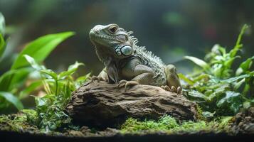 An iguana is sitting on top of a rock photo